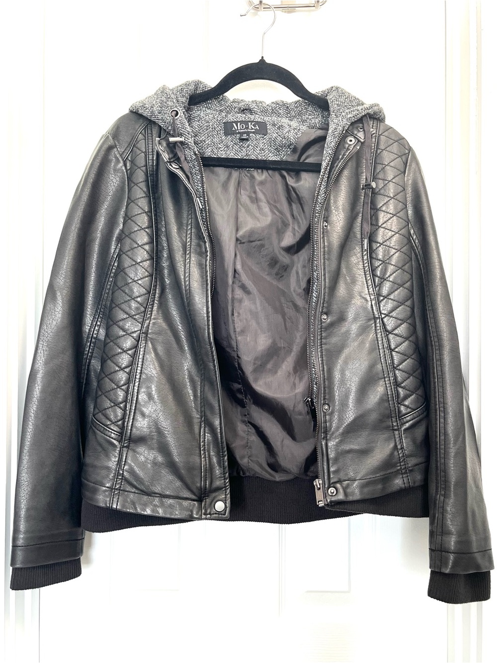 Mo-Ka Women's Black Quilted Faux Leather Hooded Jacket with Hood Women XS Grunge